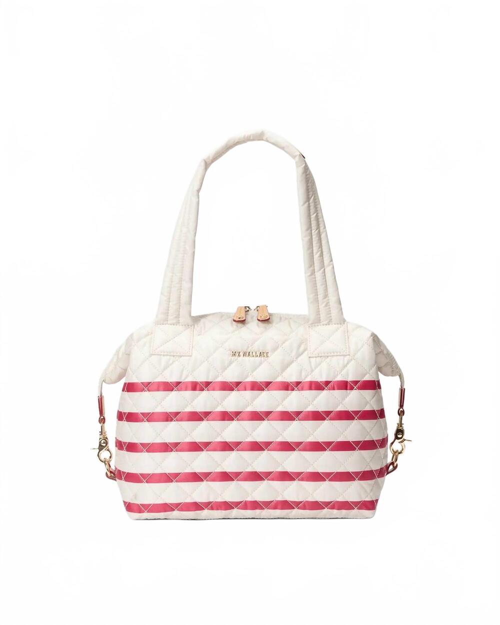NEW MZ WALLACE women's medium sutton deluxe bag in sandshell/apple charter strip